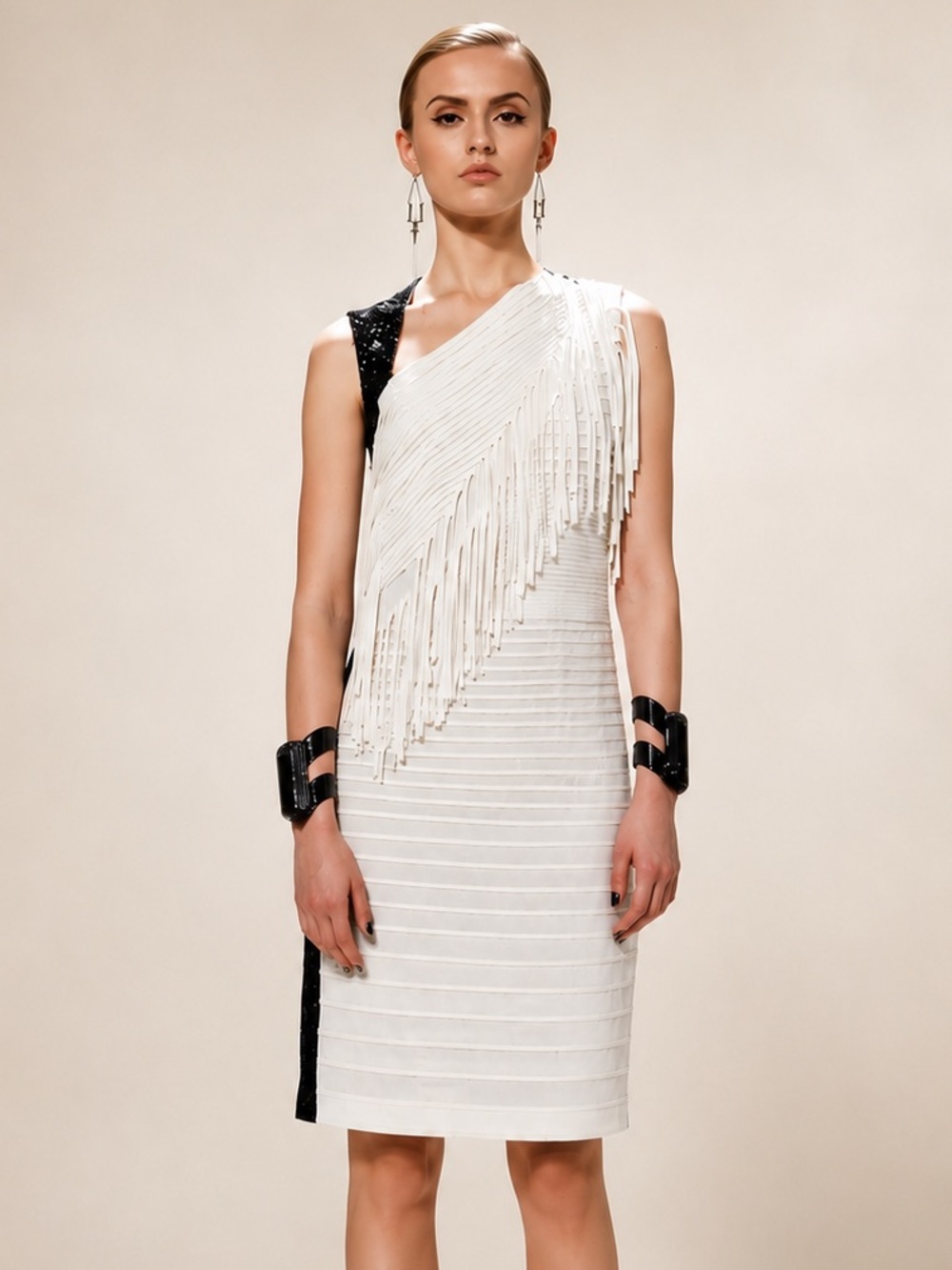 Sachin & Babi for Ankasa 100% Silk One Shoulder Fringe Dress Ivory Black Size 4​
